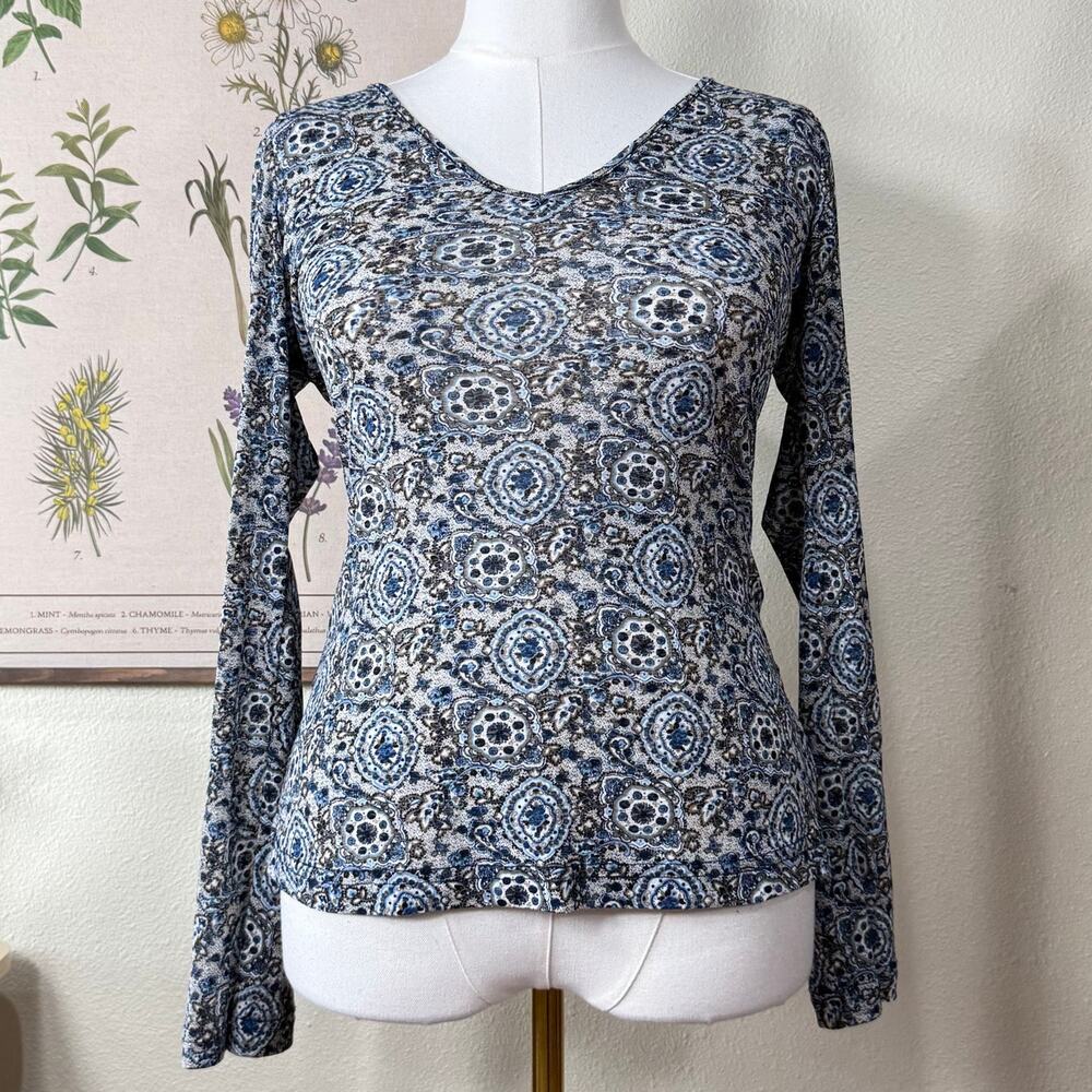 Vintage 90s Y2k Blue Print Flare Sleeve Top Fairy Grunge Boho Hippie Forest M